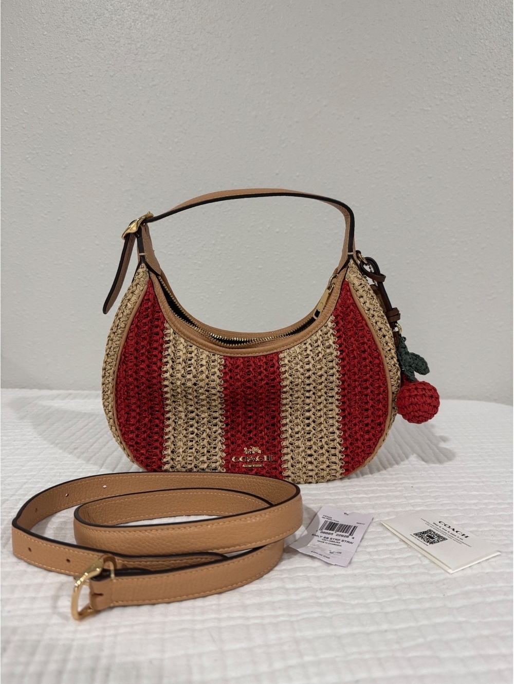 Coach Emily Shoulder Bag CEN03 Red Tan Straw Leather Cherry Charm